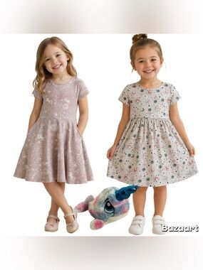 3pc Sz 7/8 Celestial Moon & Star  Unicorn Dress W/Pockets & Narwhal Plush NWOT